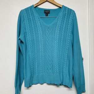 CHAPS® Cable Knit V-Neck Turquoise Blue Cotton Blend Sweater Women's Sz XL